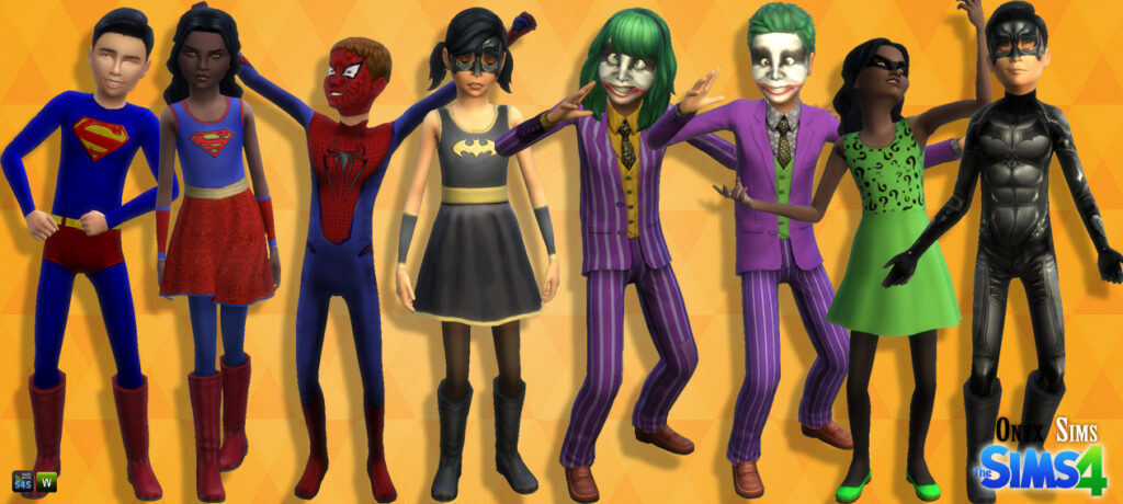 eine Gruppe von acht Kindern aus Die Sims 4, die in cc-Halloween-Kostümen stehen. Es gibt Kinder, die als der Joker, Batman, Superman und Spiderman verkleidet sind.