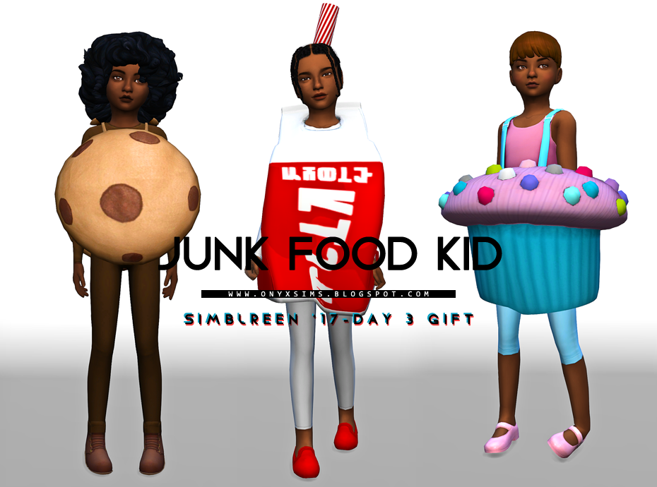 Drei Sims-Kinder, die Kostüme tragen, einer trägt ein Kekskostüm, einer trägt ein Milchkostüm und einer ist ein Cupcake