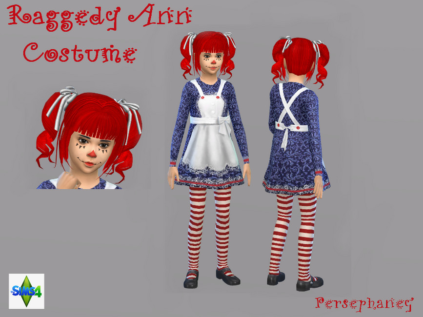 Ein junges Mädchen in Die Sims 4 trägt eine CC-Halloween-Kostümoption als Raggedy Ann
