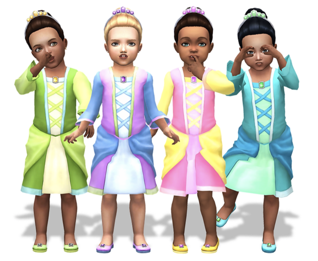 Vier Kleinkinder in Die Sims 4, die passende Prinzessinnenkostüme in leuchtenden Farben tragen. Sie haben auch Tiara und passende Schuhe.