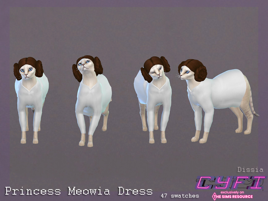 Eine weiße Katze in The Sims 4, verkleidet als Princess Leia