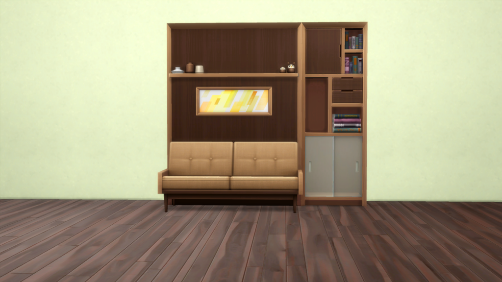Murphy Bett mit Sofa und verbundenem Bücherregal