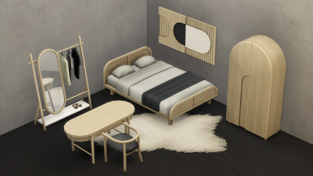Ein Raum mit schwarzen Holzböden, steingewaschenen grauen Wänden und neutralen Sims 4 CC Schlafzimmermöbeln in hellem Birkenholz.