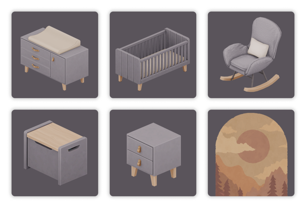 Sechs abgerundete Quadrate, in jedem Quadrat befindet sich ein einzelnes Möbelstück aus einem Kinderzimmer-Set.