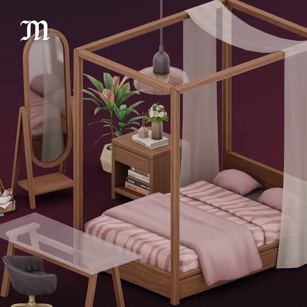 Eine dunkelviolette Wand mit wunderschönen Holzmöbeln. Das Bett ist ein Himmelbett mit Stoffdrapierung um den Rückenkissenbereich.