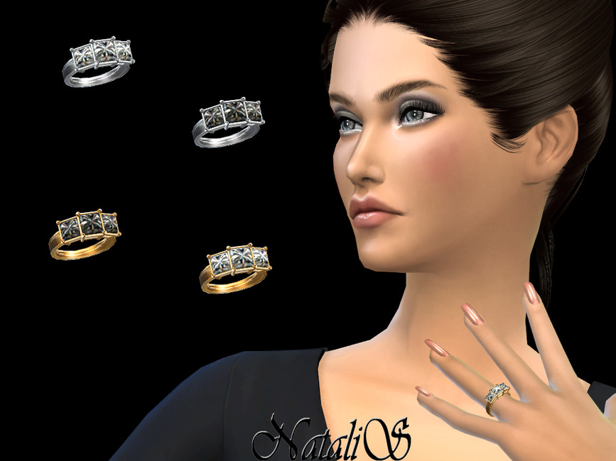 Ein Sim mit braunem Haar und hellen Augen, der seine Hand am Hals hat, um seinen Diamantring zu zeigen.