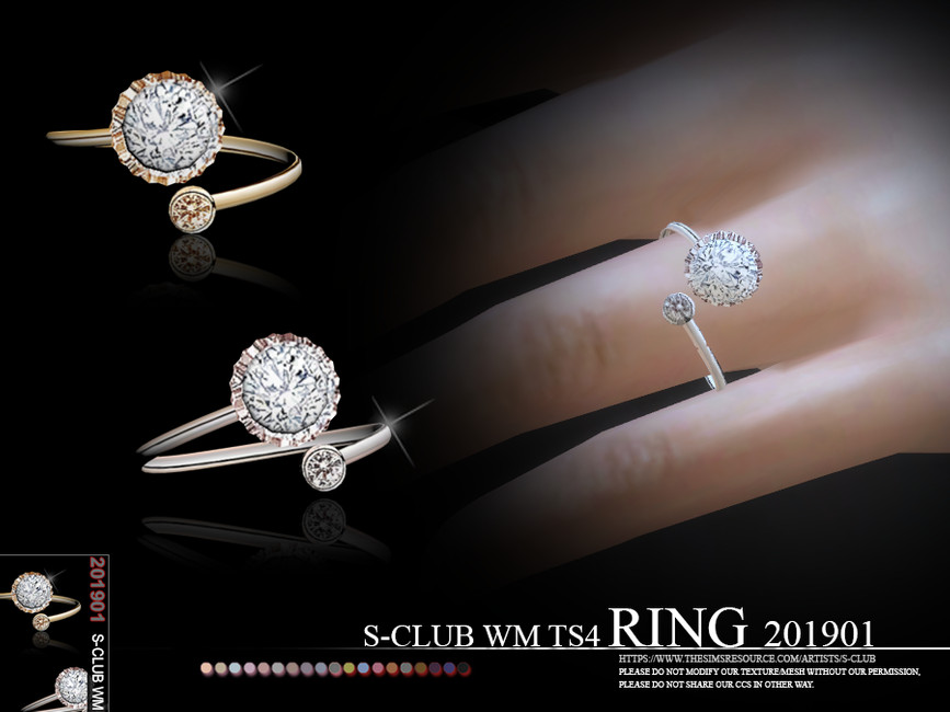 Eine Hand eines Charakters aus Die Sims 4, die einen Verlobungsring trägt, der ein verdrehtes Band hat, das sich nicht schließt. An einem Ende befindet sich ein großer Diamant mit einem Halo und am anderen Ende ein kleiner Edelstein.