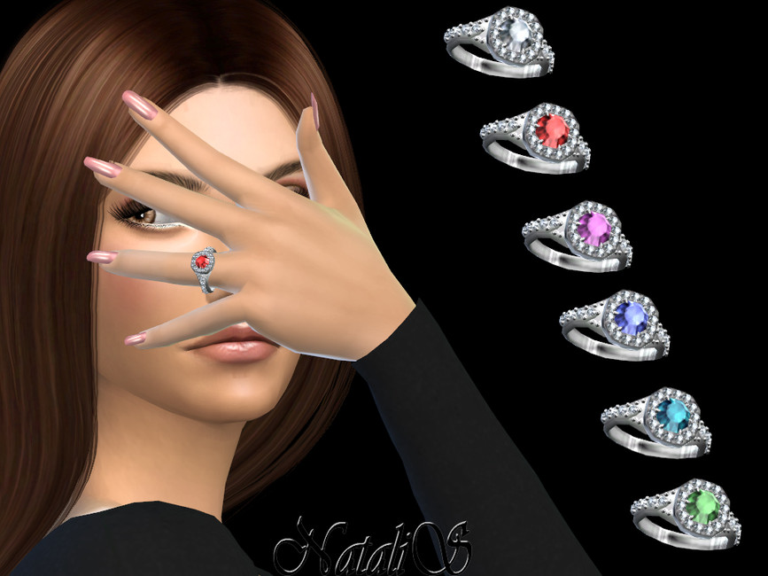 Ein Sim, der seine Hand vor sein Gesicht hält, um seinen Ring zu zeigen. Er trägt einen Ring mit einem roten Edelstein in der Mitte und Diamanten in einem Halo darum.