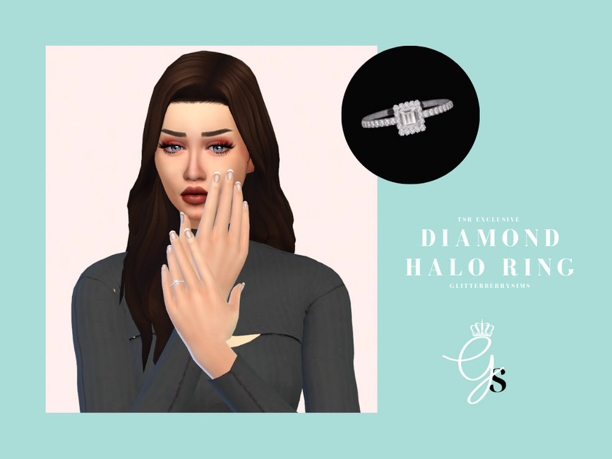 Ein Sim mit braunen Haaren und blauen Augen mit einem schwarzen Hemd. Sie tragen einen kleinen quadratischen Verlobungsring mit Diamanten am Rand.