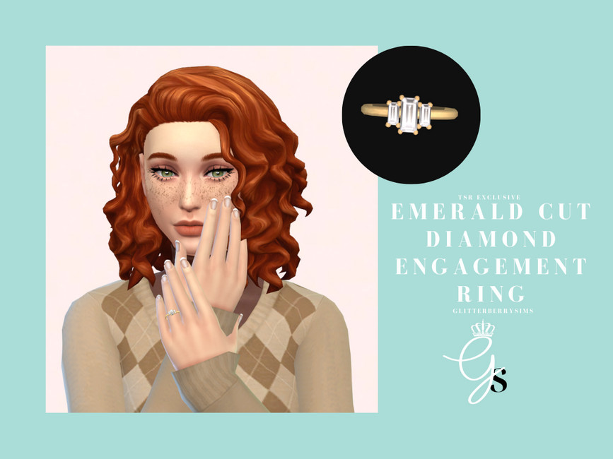 Ein Sim mit roten Haaren, grünen Augen und Sommersprossen, der einen Argyle-Pullover trägt und französische Spitzennägel hat. Sie trägt einen goldenen Verlobungsring mit drei rechteckigen Diamanten.