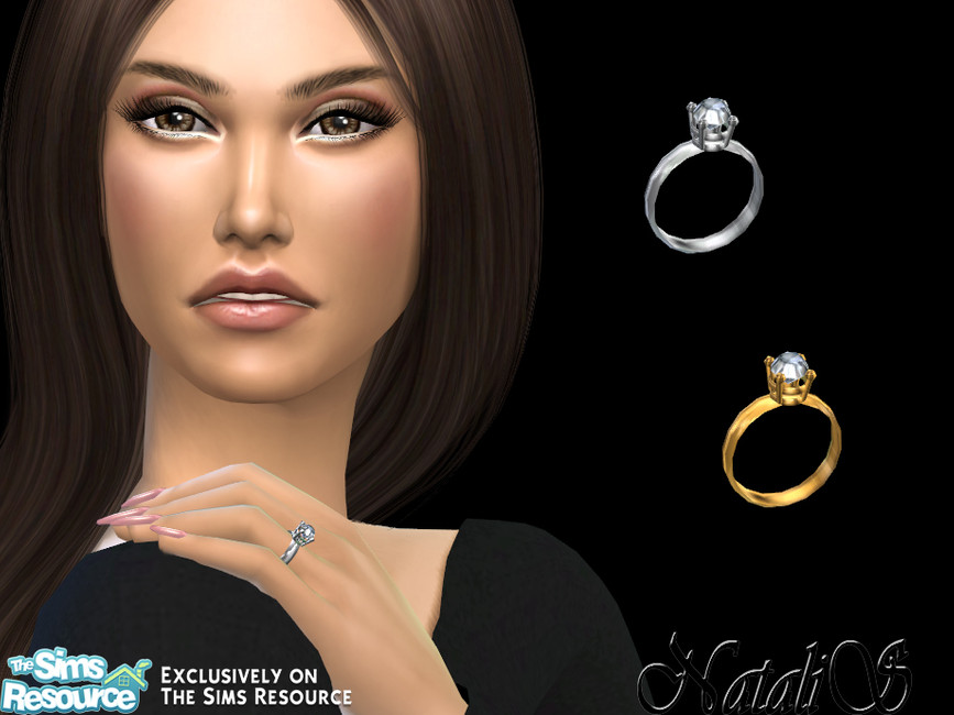 Ein Sim mit braunen Haaren, braunen Augen und rosa Nägeln. Sie trägt einen sehr einfachen Diamant-Sims-4-CC-Verlobungsring.