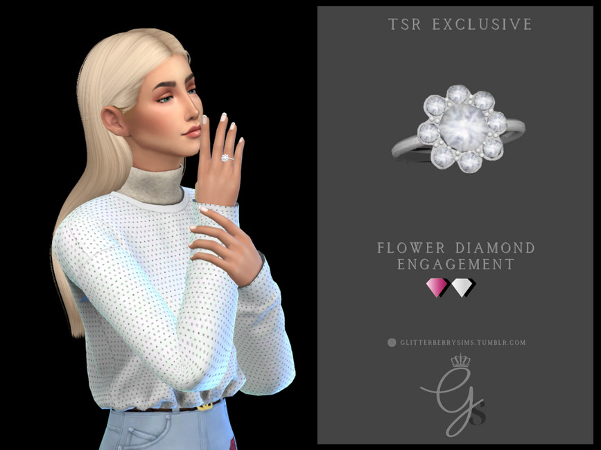 Ein Sim mit blonden Haaren, hellblauen Jeans und einem weißen Pullover mit weißen Punkten. Als Accessoire trägt dieser Charakter aus Die Sims 4 einen Verlobungsring mit einem großen Diamanten in der Mitte und kleinen Diamanten außen herum in Form einer Blume.