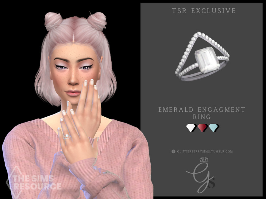 Ein Sim mit einem rosa Pullover und pinken Haaren, der einen Sims 4 CC-Verlobungsring trägt.