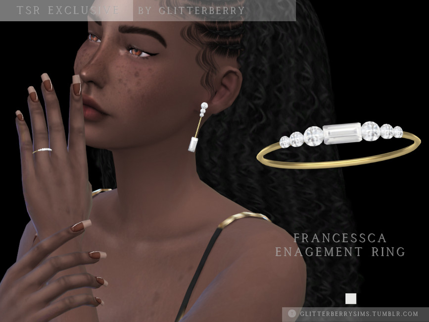 Ein Sims 4 CC-Verlobungsring mit einem goldenen Band, einem rechteckigen Diamanten in der Mitte und drei kreisförmigen Diamanten auf jeder Seite