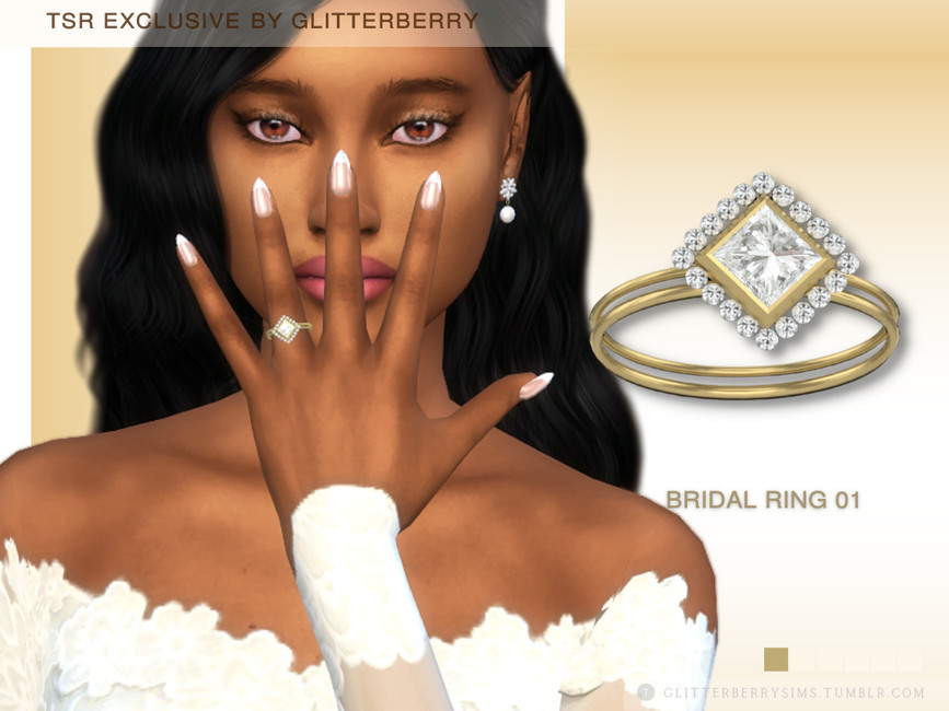 Eine wunderschöne goldene Sims 4 CC Verlobungsring-Option mit zwei dünnen Metallbändern nebeneinander, der Diamant ist ein Quadrat, das auf einem Winkel gesetzt ist und von Diamanten umgeben ist.