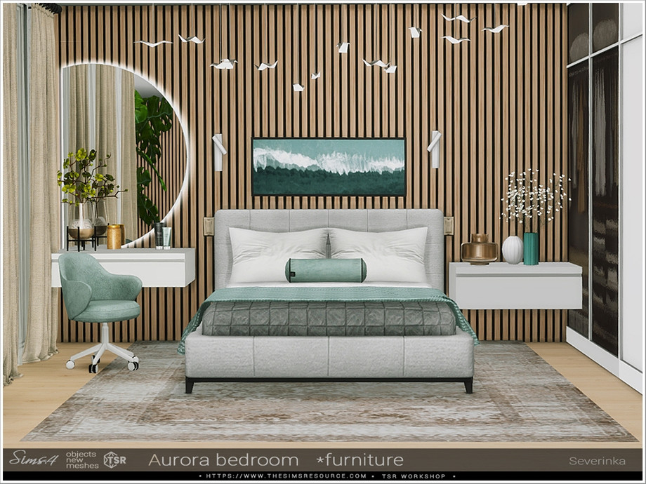 Eine Wand mit Holz auf der Rückseite, zwei schwebende Tische auf jeder Seite, ein schöner Teppich und ein wunderschönes Bett mit dekorativen Kissen.
